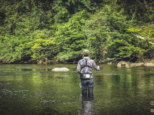 Testing the fly-fishing in a Laos river
